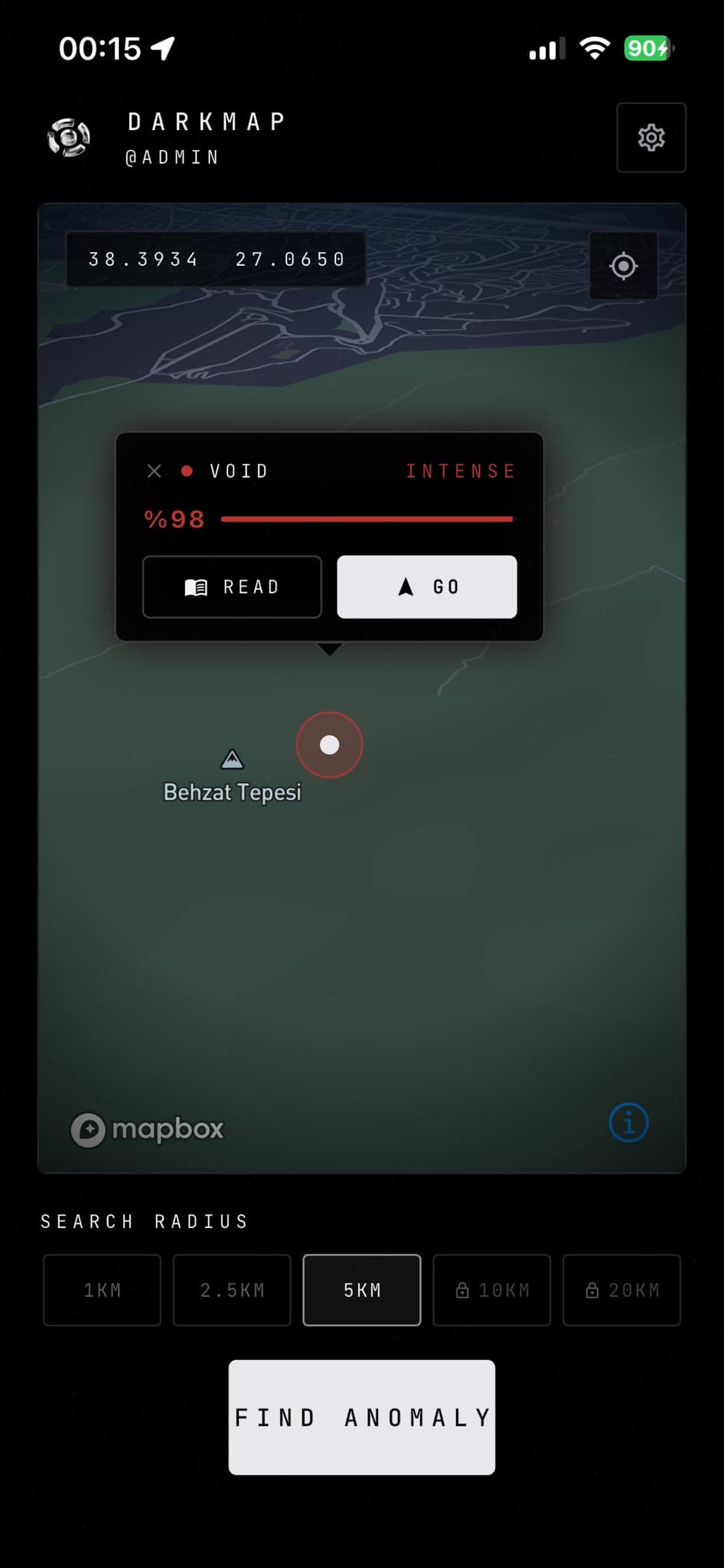 DarkMap has found an anomaly near the user and shows it on the map.