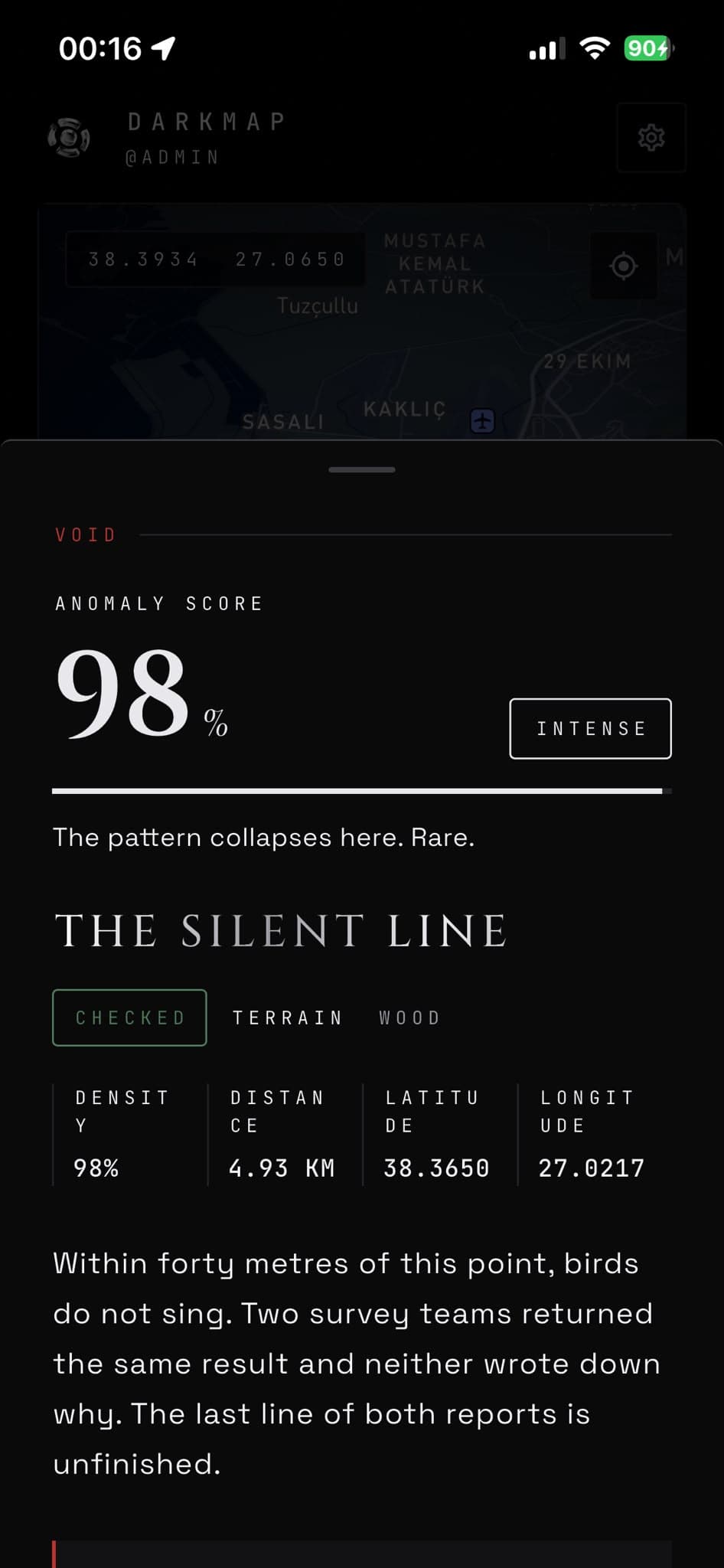 The anomaly sheet showing a density score and the record of the place.