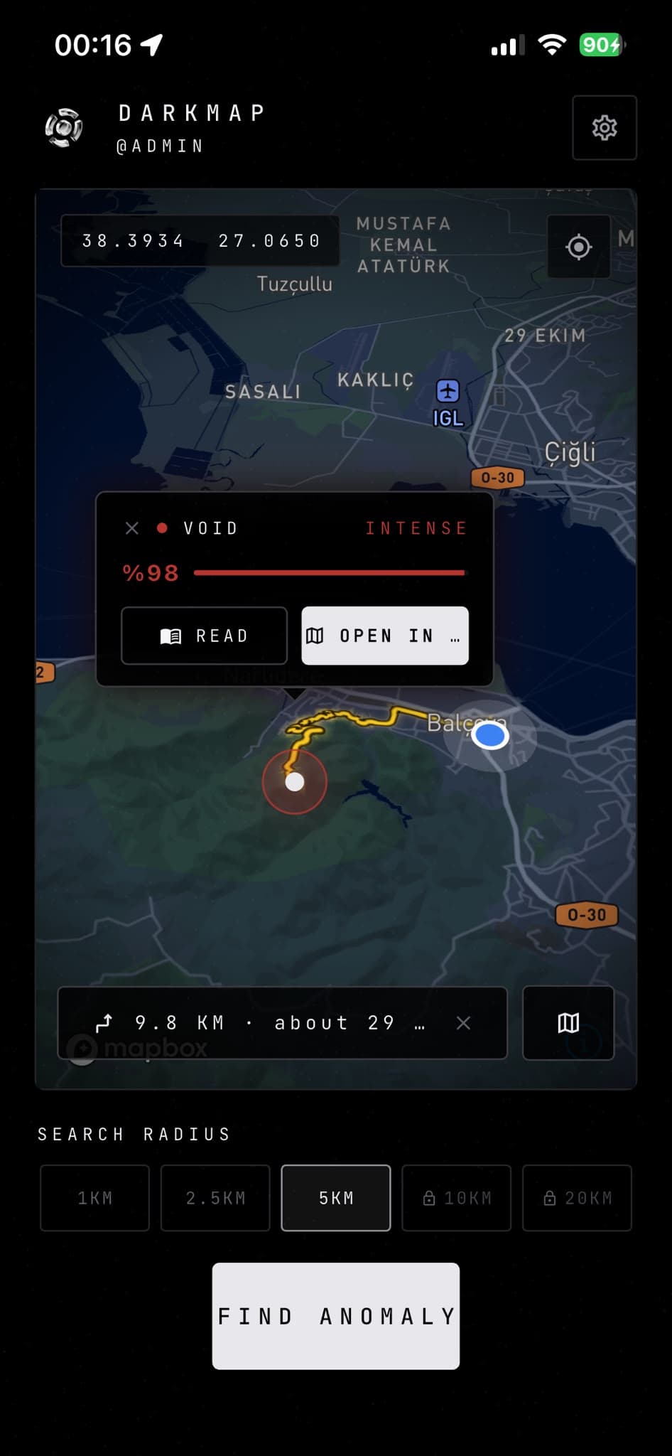 A route drawn from the user to the anomaly, with distance and duration.